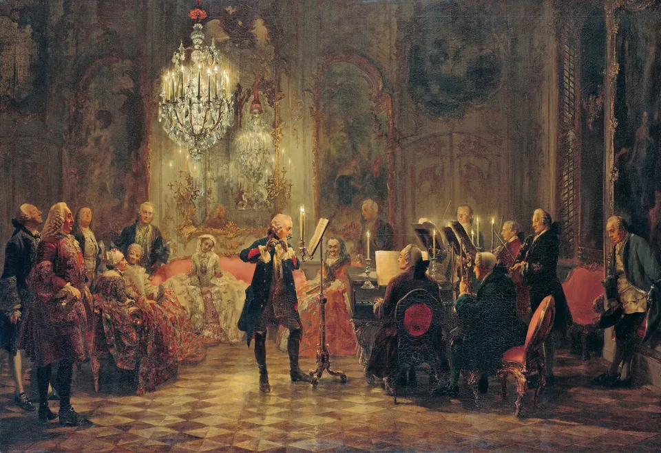 상수시 궁전에서 플루트를 부는 프리드리히 2세 — 아돌프 멘첼의 그림, 1850–1852년
