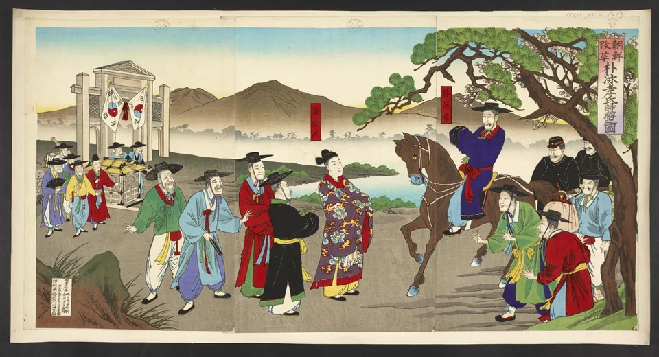 Pak Yeong-hyo returns to Korea to join the reform cabinet — Japanese print, 1894