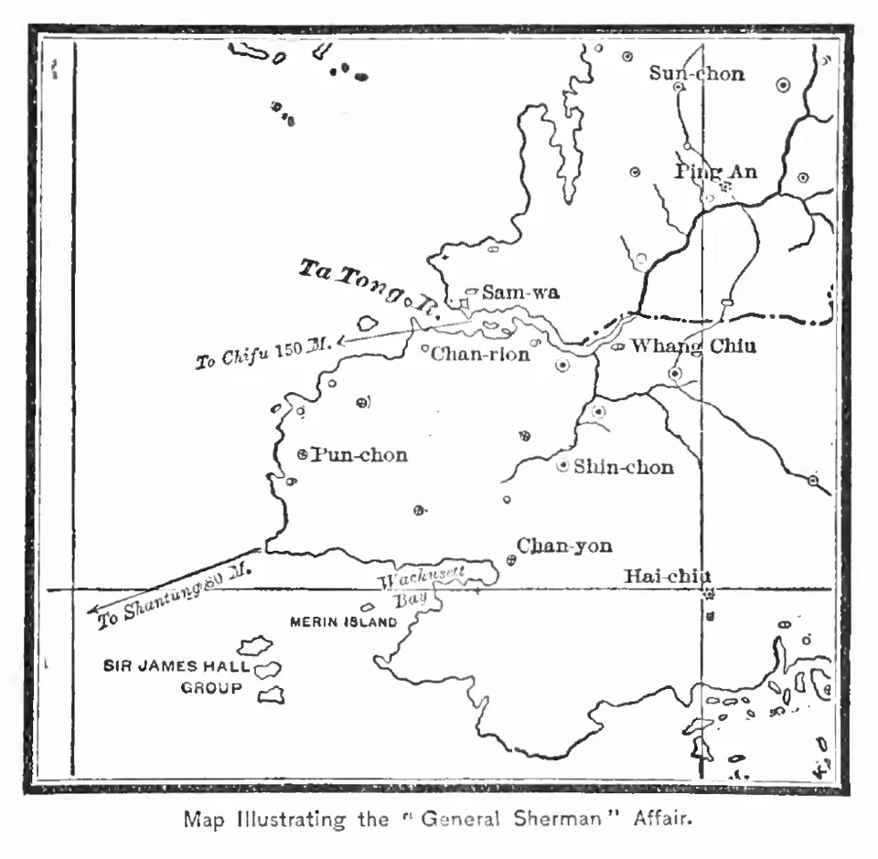 제너럴셔먼호 사건 지도 — 대동강 물길과 평양, 그리피스 『은자의 나라 한국』(1897)