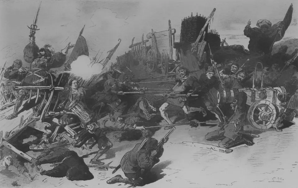 1525년 프랑켄하우젠에서 무너지는 뮌처의 농민군 — 오토 에밀 라우의 그림, 1890년
