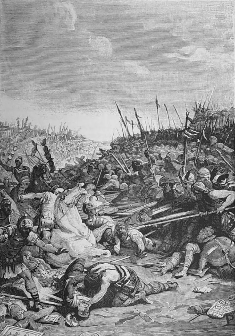 The Battle of Adrianople (378), where Goths driven in by the Huns crushed a Roman army and killed Emperor Valens — Lodovico Pogliaghi