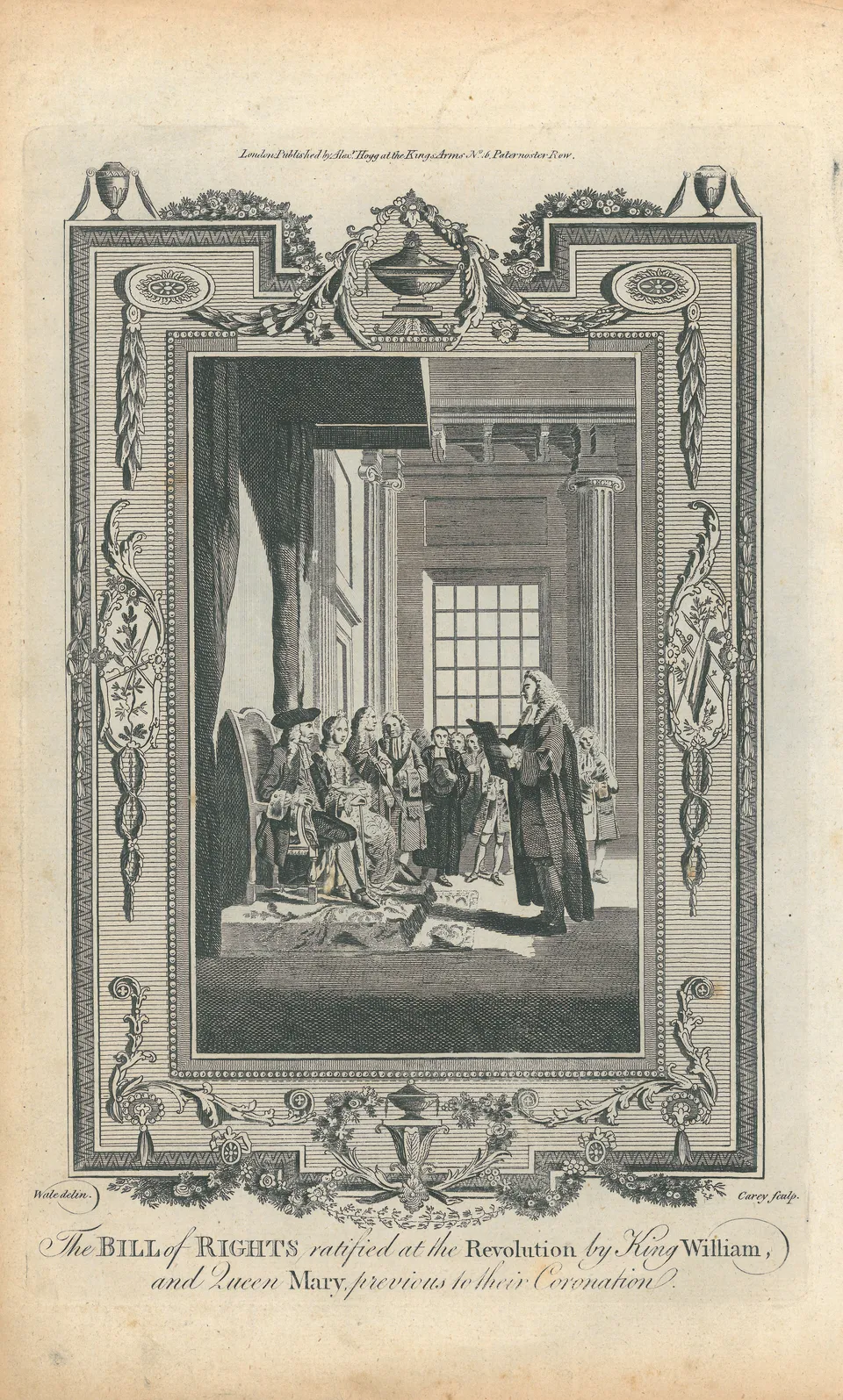 William III and Mary II accepting the Bill of Rights before their coronation — print after Samuel Wale, 1783