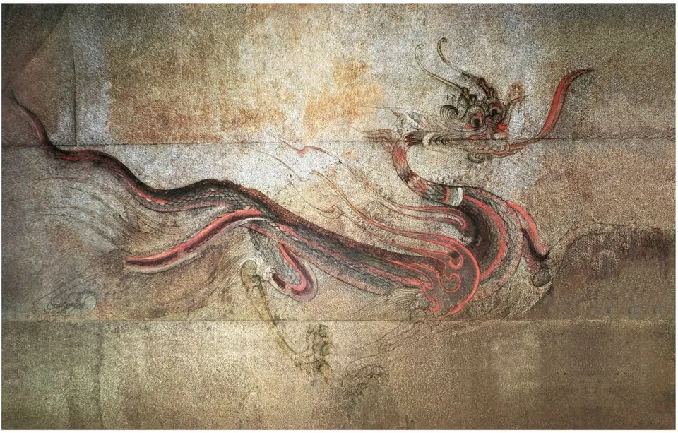 Blue Dragon mural of Gangseo Great Tomb, a Goguryeo tomb near Pyongyang from after the capital moved there