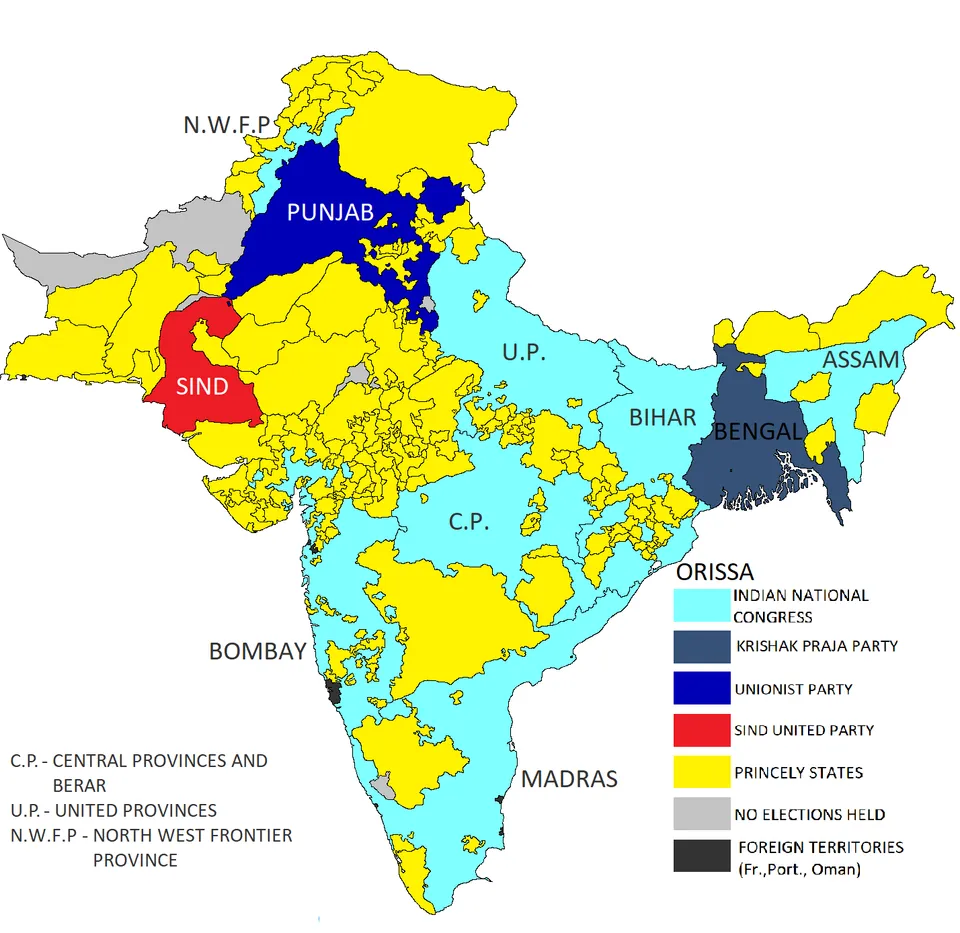 The 1937 provincial elections under the Government of India Act 1935 — largest party in each province