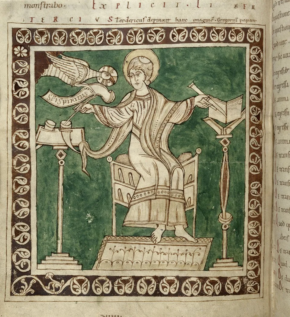 Gregory the Great writing, inspired by the Holy Spirit as a dove — miniature in an early 12th-century manuscript, British Library