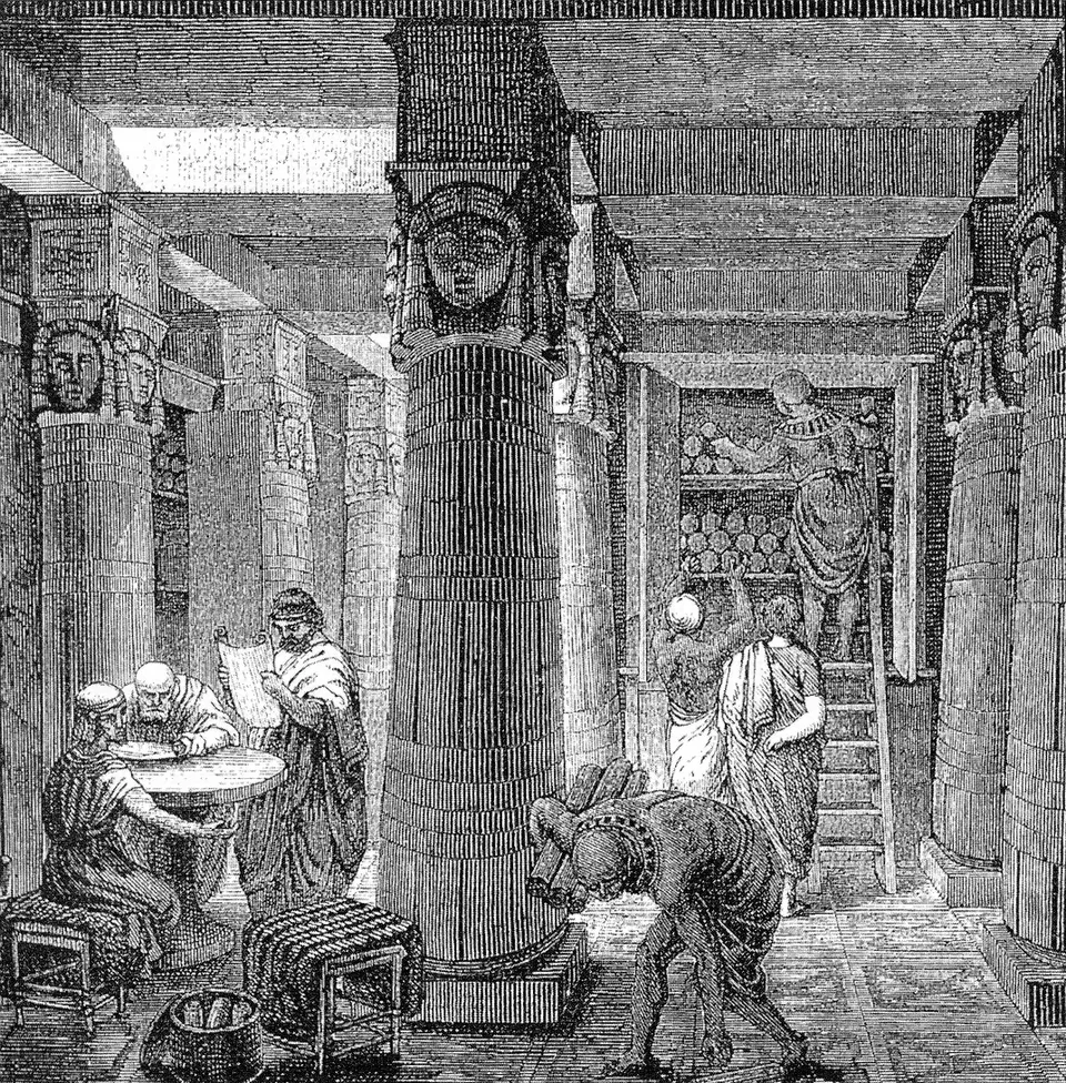 A 19th-century imagining of the Library of Alexandria (O. Von Corven); the library attached to the Museum was said to hold hundreds of thousands of scrolls