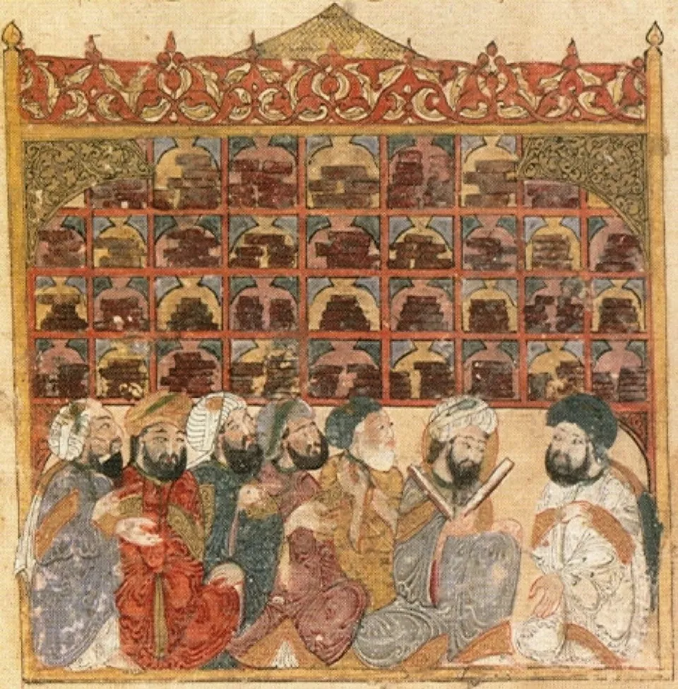 A library in the Abbasid age, illustration by Yahya al-Wasiti for the Maqamat of al-Hariri, 1237 (Bibliothèque nationale de France)