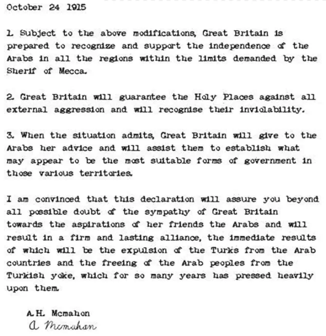 McMahon’s letter to Hussein declaring support for Arab independence, 24 October 1915