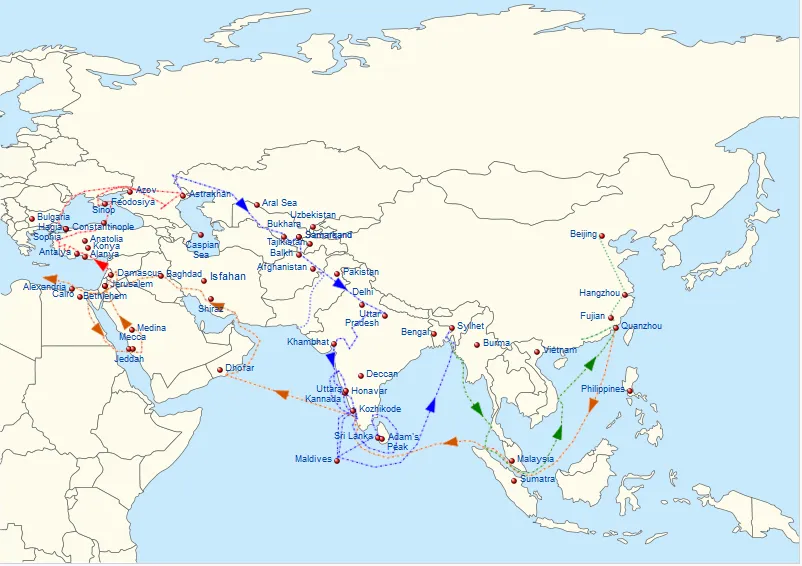 Ibn Battuta’s route in 1332–1346, through Anatolia, Central Asia and India to China