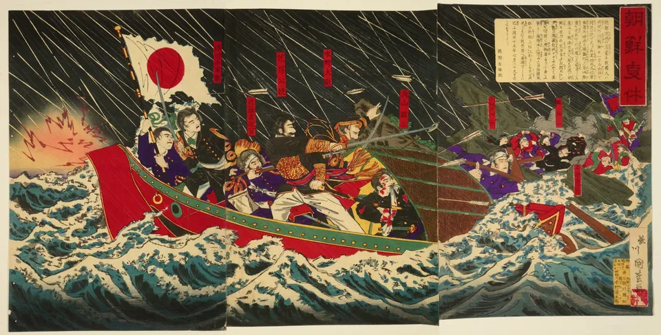Flight of the Japanese legation from Seoul — print by Utagawa Kunimatsu, 1882