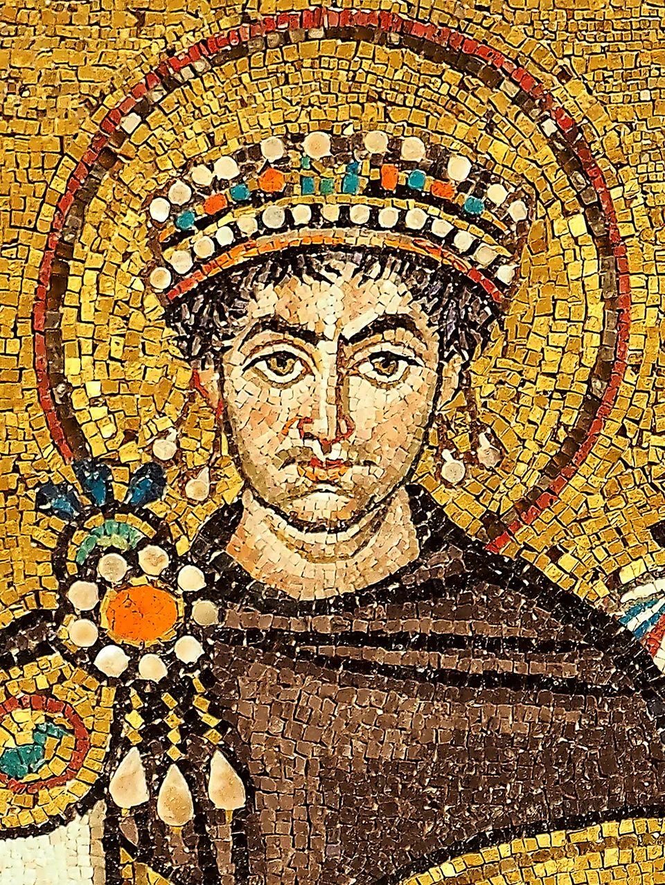 Emperor Justinian and his retinue — mosaic in San Vitale, Ravenna, c. 547, Byzantine art in reconquered Italy