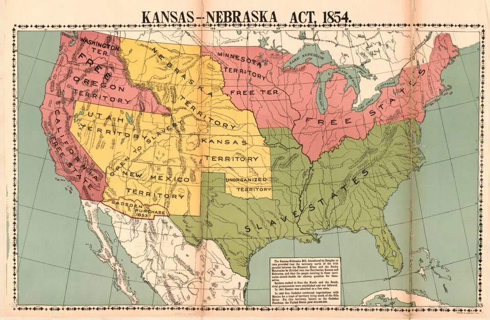 캔자스-네브래스카법(1854) 뒤의 자유주·노예주와 준주 — 매코널 역사 지도, 1919년, 미국 의회 도서관