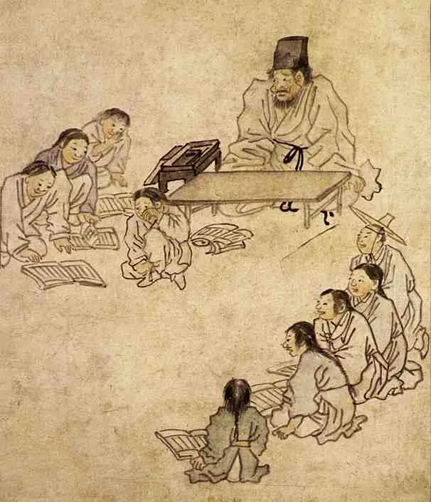 김홍도의 서당 — 훈장에게 혼나 우는 아이와 웃음을 참는 아이들 (단원 풍속도첩)