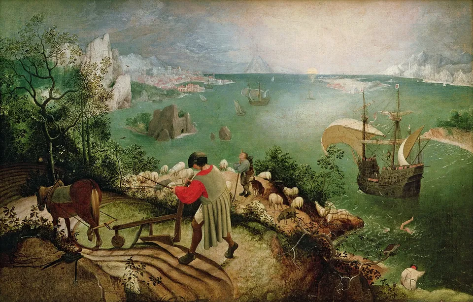 Landscape with the Fall of Icarus, c. 1560 — after Pieter Bruegel the Elder, whose own hand is debated; Icarus’ legs are in the sea at lower right. Royal Museums of Fine Arts of Belgium, Brussels
