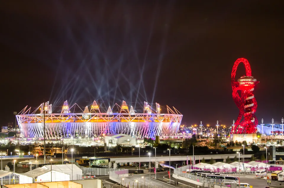 The London Olympic Stadium and the Orbit tower on the night of the opening ceremony, 27 July 2012