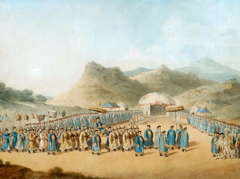 The Qianlong Emperor approaching his tent in Tartary to receive the British ambassador — by William Alexander, the embassy’s artist, 1793