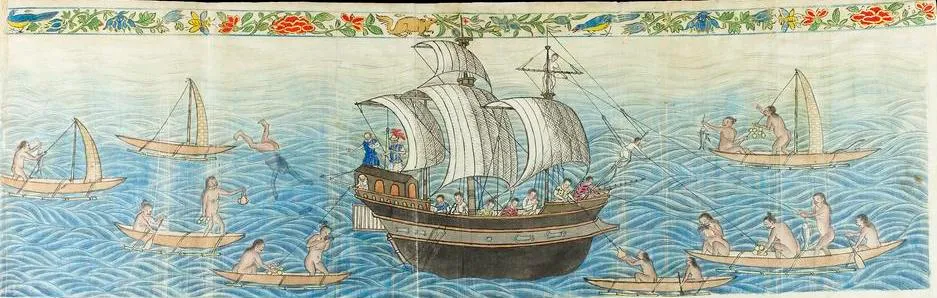 Chamorro canoes meeting a Manila galleon in the Mariana (Ladrones) Islands — Boxer Codex, c. 1590