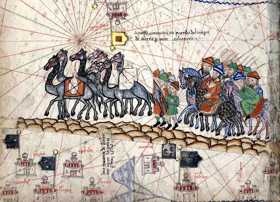 A caravan on the Silk Road from the Catalan Atlas of 1375, often said to show the Polo party