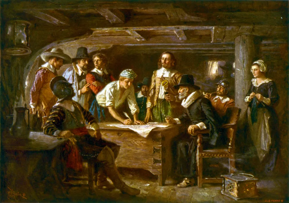 The Pilgrims signing the compact aboard the Mayflower, painted by Jean Leon Gerome Ferris in the early 20th century