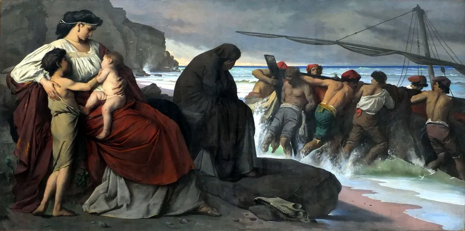 안젤름 포이어바흐, 「메데이아」, 1870년 — 바닷가에서 두 아이를 안은 메데이아. 뮌헨 노이에 피나코테크