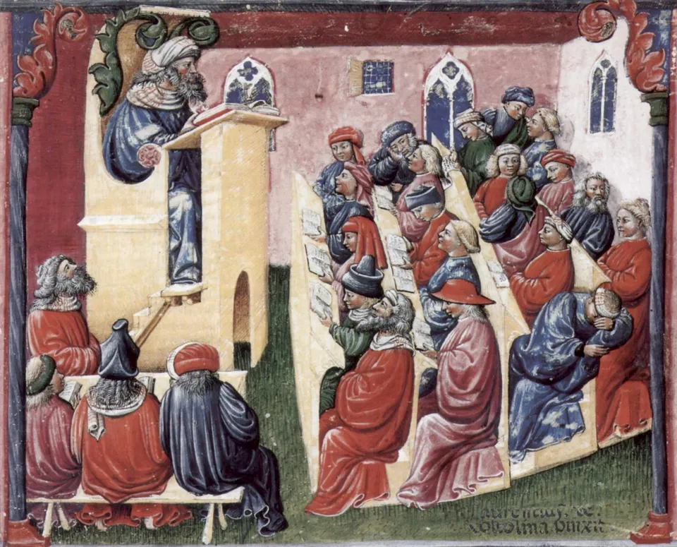 A lecture at the University of Bologna — miniature by Laurentius de Voltolina, later 14th century