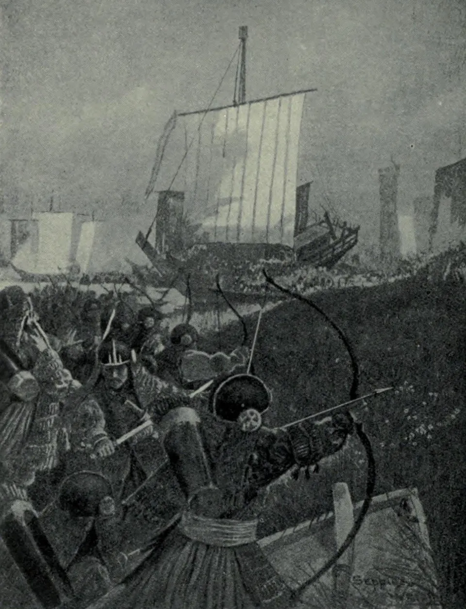 Imagined illustration of a wokou raid on the Chinese coast, by Henry Charles Seppings Wright, 1915