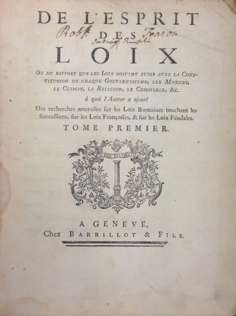 Title page of volume 1 of the first edition of The Spirit of the Laws (Geneva, 1748)