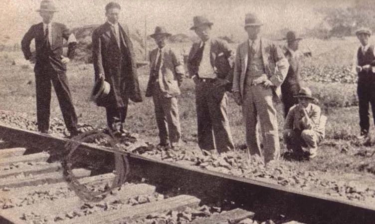 Japanese officials inspecting the site of the railway “sabotage” at Liutiaohu, September 1931