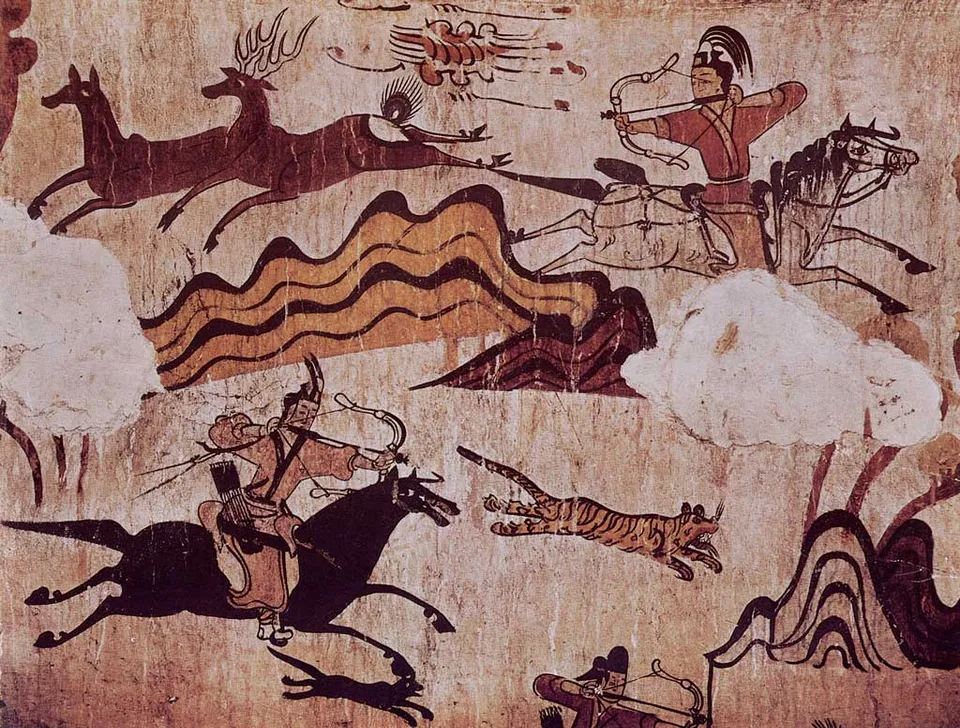 Hunting scene in Muyongchong — Goguryeo riders shooting backwards at fleeing tigers and deer