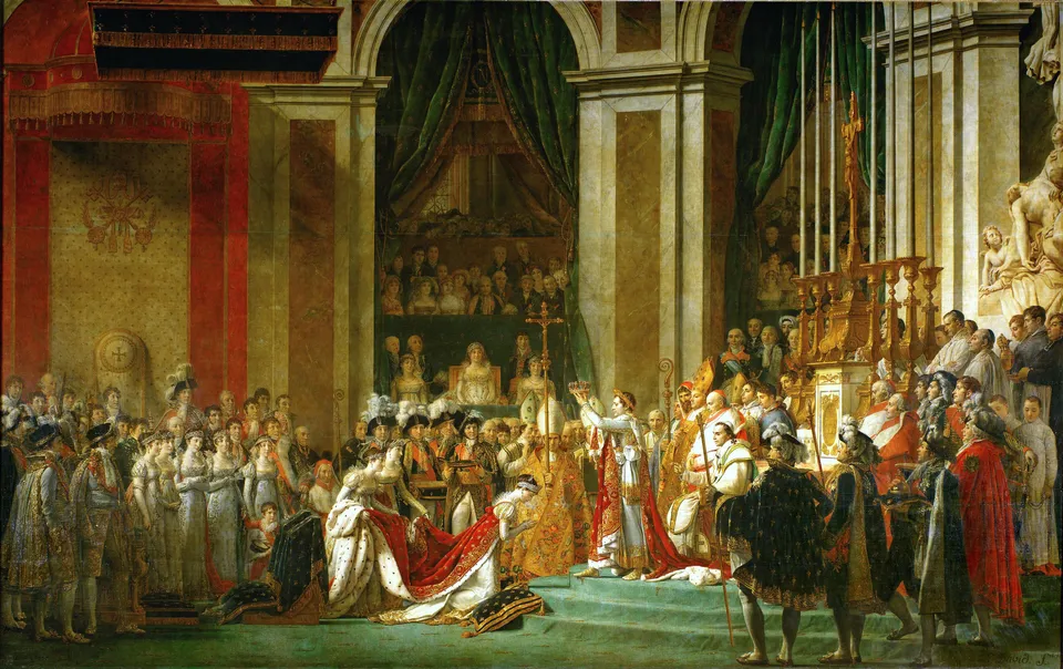 The Coronation of Napoleon — Napoleon crowning Empress Joséphine in Notre-Dame, painting by Jacques-Louis David (1805–1807), Louvre