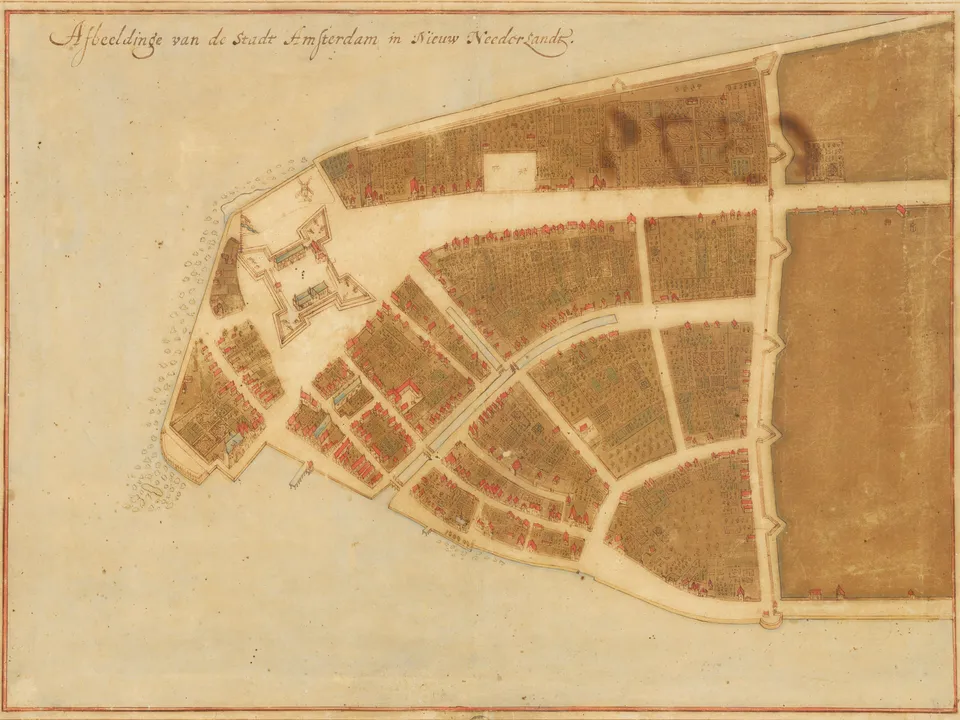 Map of New Amsterdam in 1660 (the Castello Plan), showing the fort and the wall (today’s Wall Street) at the tip of Manhattan