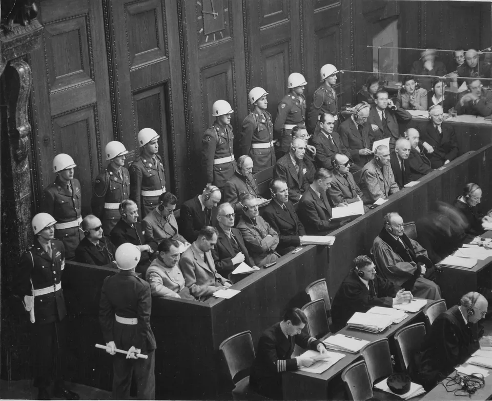 Looking down on the defendants’ dock at the Nuremberg Trials — photo by Ray D’Addario, US Army, 1945–1946, US National Archives