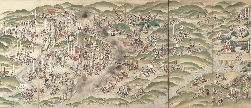 「나가시노 전투도 병풍」 — 목책 뒤의 오다·도쿠가와 조총 부대와 다케다군 (에도 시대, 18세기)