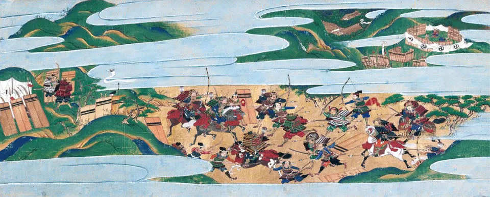 오닌의 난 때 교토에서 약탈하는 아시가루 — 「진뇨도 연기 그림」(16세기)
