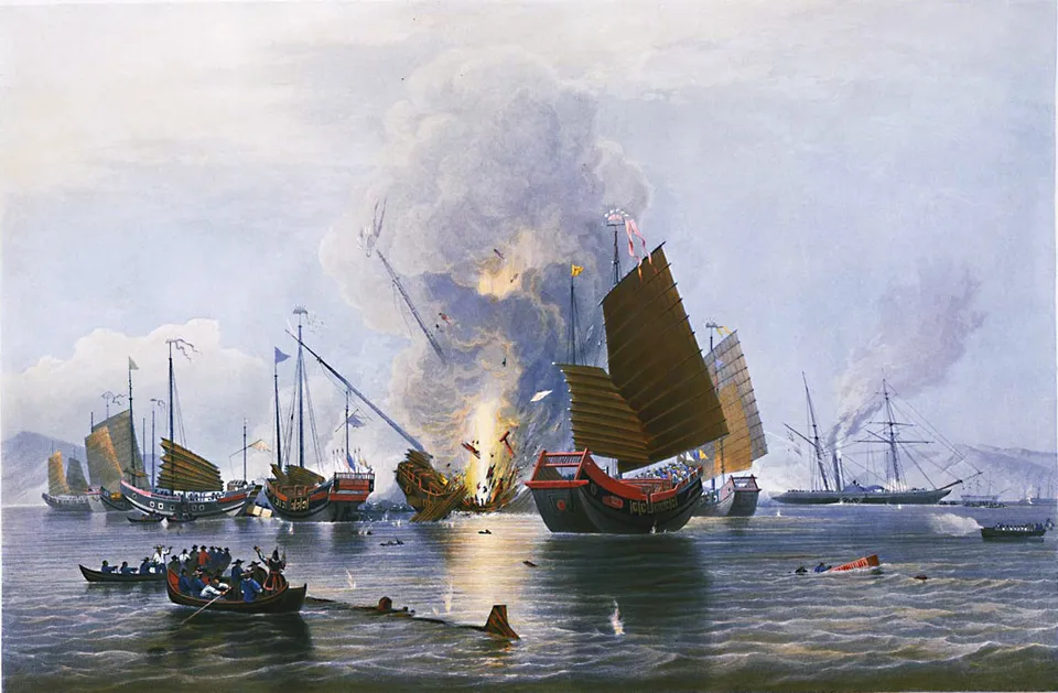 The East India Company iron steamer Nemesis destroying Chinese war junks off Chuanbi, January 1841 — engraving after Edward Duncan, 1843