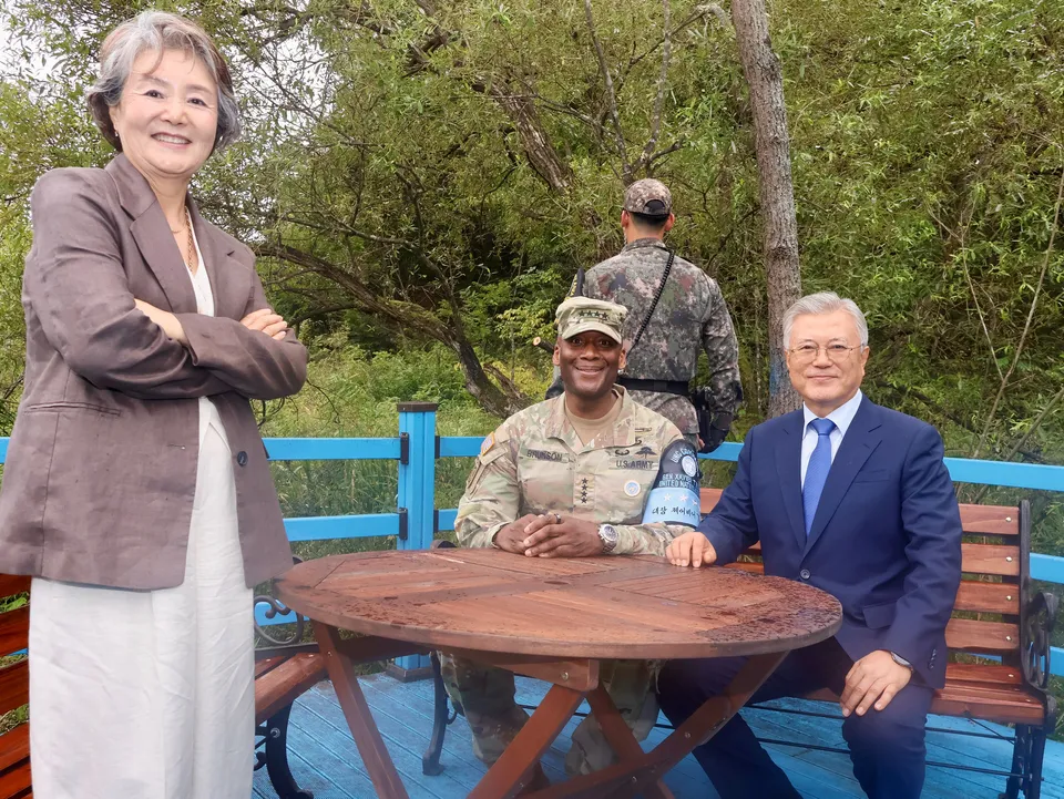 Moon Jae-in revisiting the Panmunjom footbridge where he had tea with Kim Jong-un in 2018, September 2025
