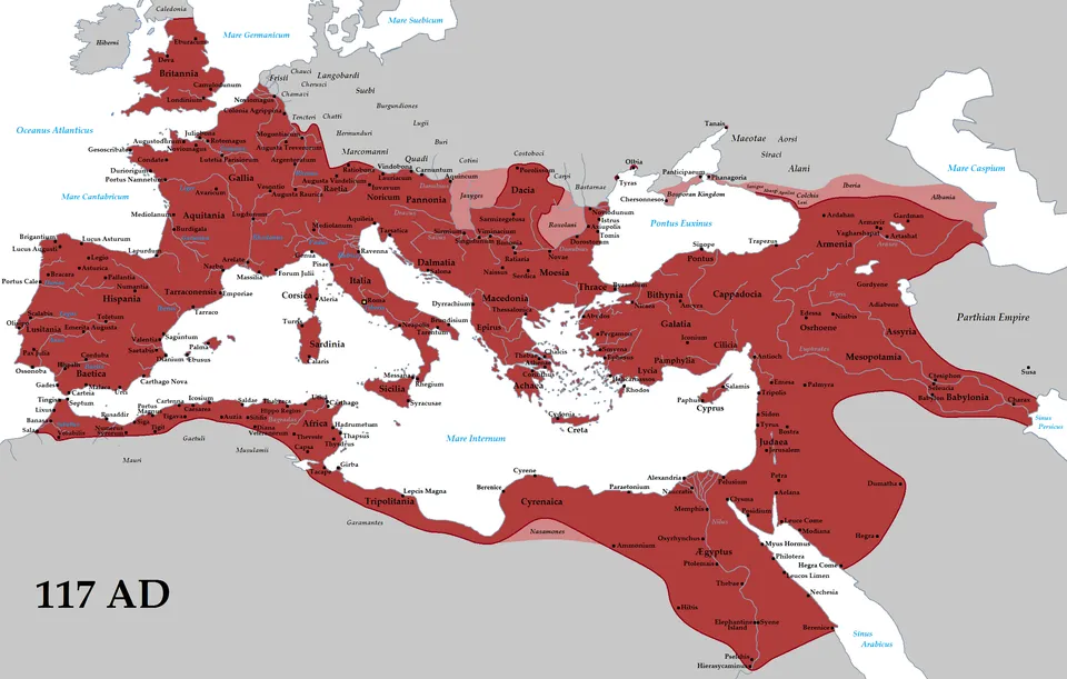 The Roman Empire in AD 117, at Trajan’s death — its greatest extent