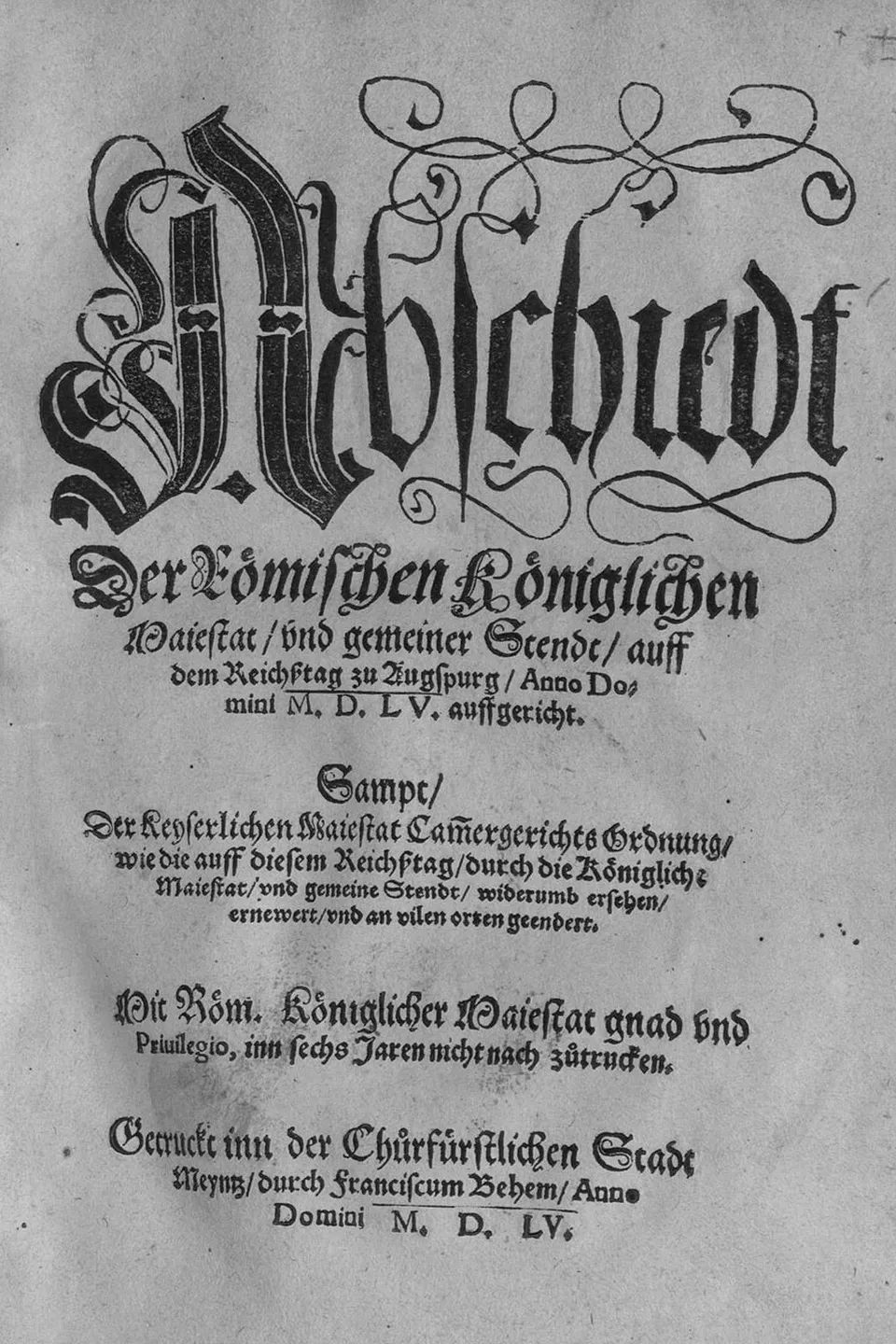 Title page of the 1555 Mainz printing of the recess of the Diet of Augsburg (Peace of Augsburg)