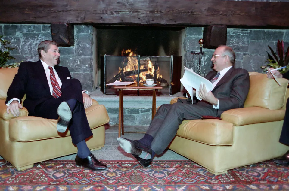 Reagan and Gorbachev at their first summit, Geneva, 19 November 1985
