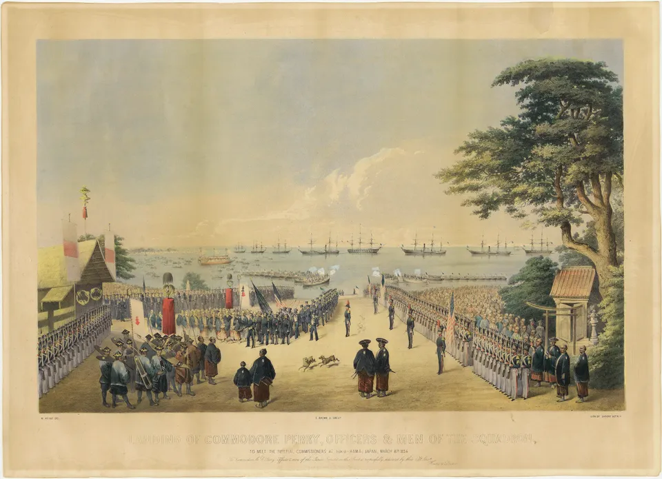 Commodore Perry’s party landing at Yokohama (Kanagawa), 8 March 1854 — lithograph