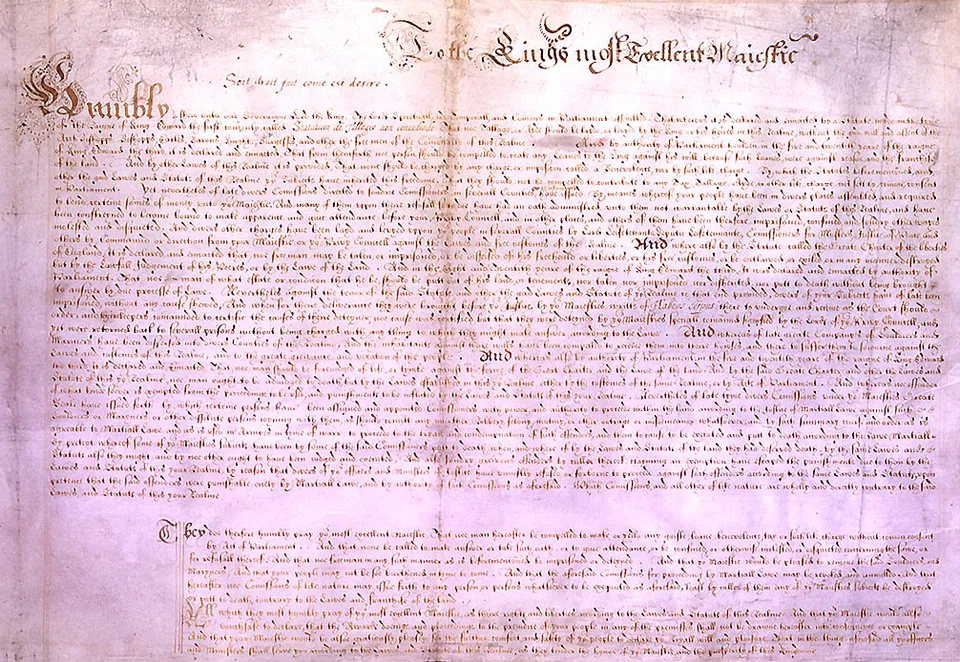 The Petition of Right, presented by the English Parliament to Charles I in 1628