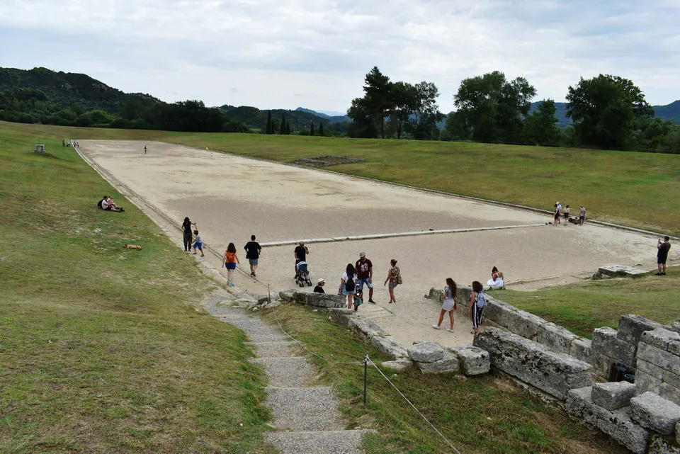 The stadium at Olympia, beside the sanctuary of Zeus; spectators sat on its earthen banks
