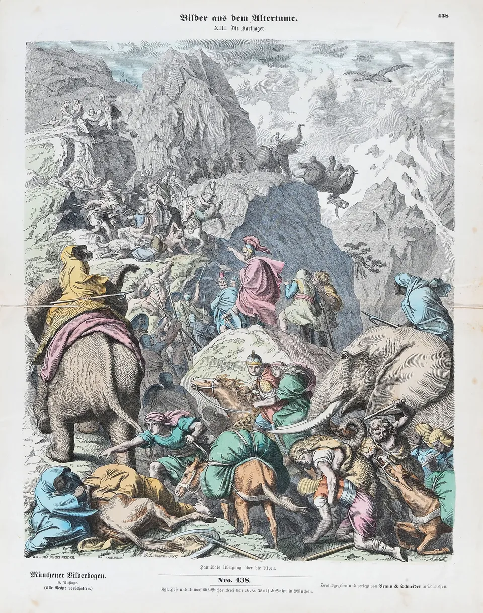 Hannibal’s army crossing the Alps with elephants — Heinrich Leutemann, 19th century