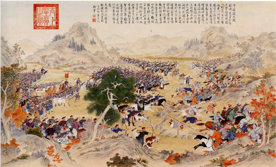 「쿠르만의 대승」 — 1759년 신장 원정의 한 장면, 예수회 화가와 청 궁정 화가가 함께 그린 「평정 서역 전도」