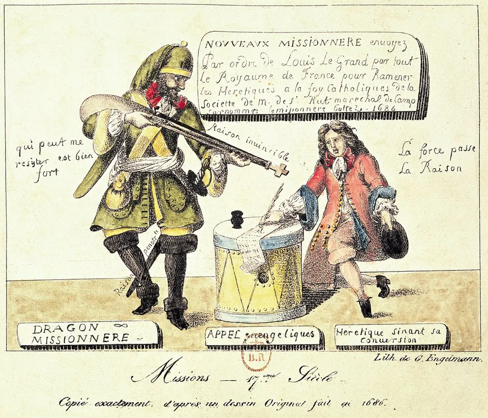 “The Missionary Dragoon” — print after a 1686 drawing satirising the dragonnades, which forced conversion at sword-point