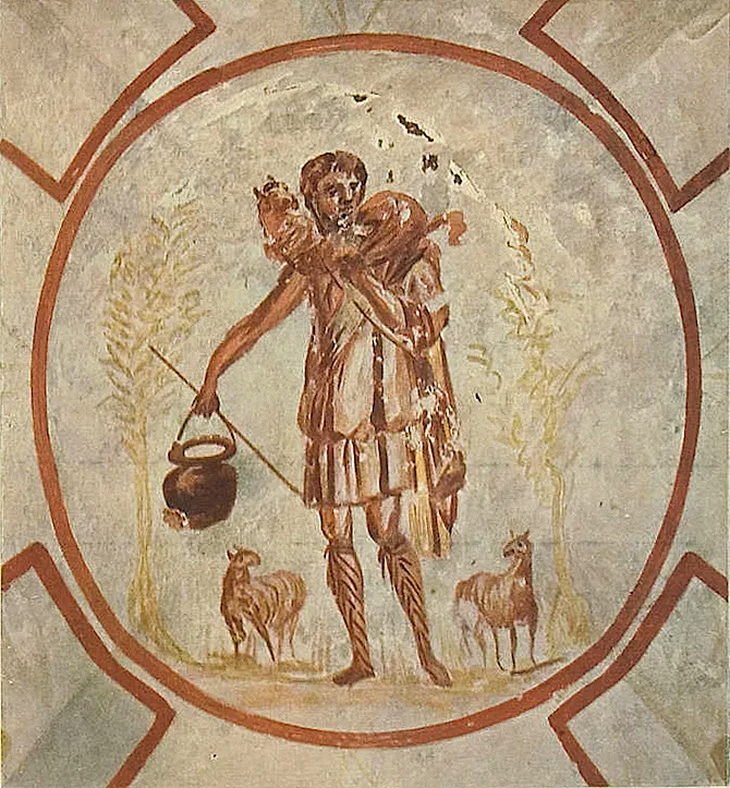 The Good Shepherd, a 3rd-century fresco in the Catacomb of Priscilla, Rome; persecuted Christians gathered in these underground cemeteries