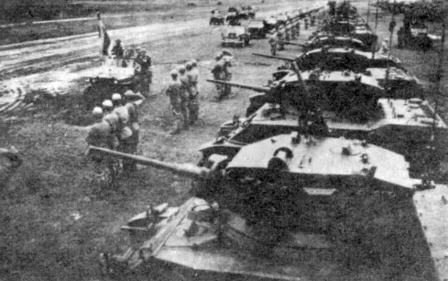 Chiang Kai-shek reviewing tank crews on Kinmen after the Battle of Guningtou, November 1949