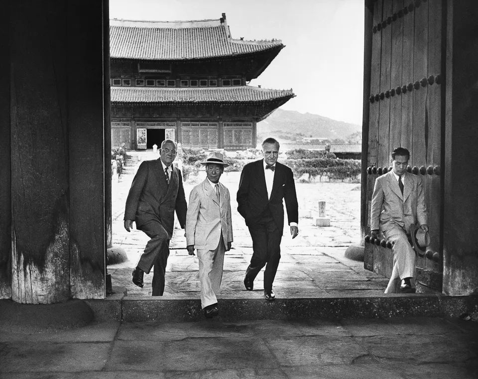 Secretary of State John Foster Dulles with Syngman Rhee in Seoul to initial the treaty, August 1953