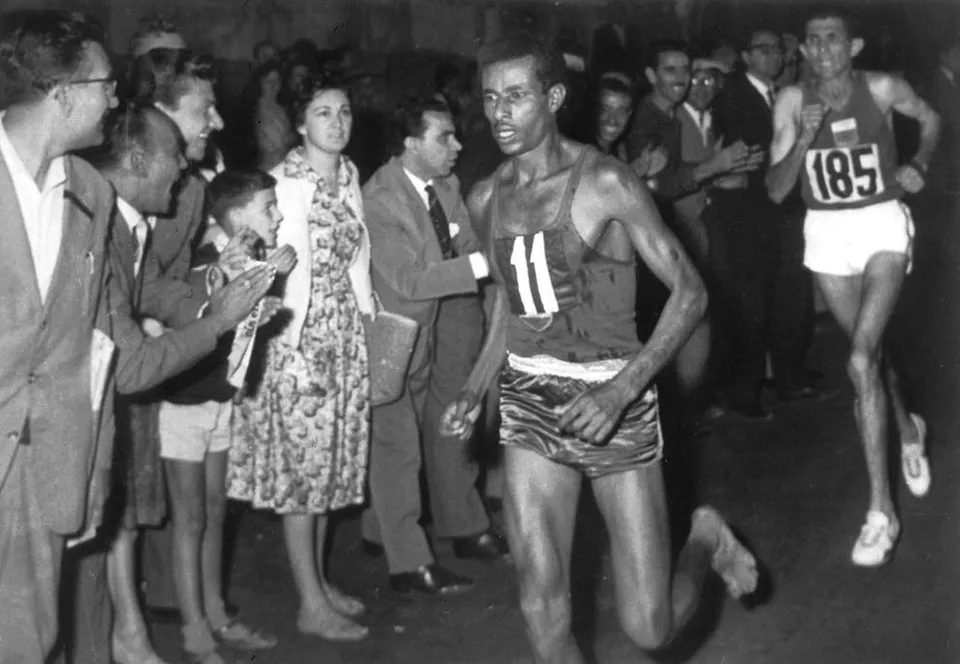 Abebe Bikila running the marathon barefoot, Rome, 1960