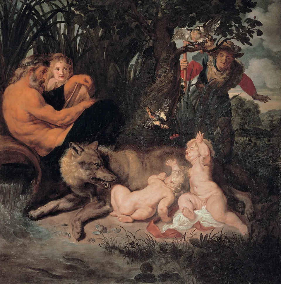 Peter Paul Rubens, Romulus and Remus, c. 1615–1616 — Capitoline Picture Gallery; the she-wolf and the woodpecker, the river god Tiber on the left and the shepherd Faustulus behind